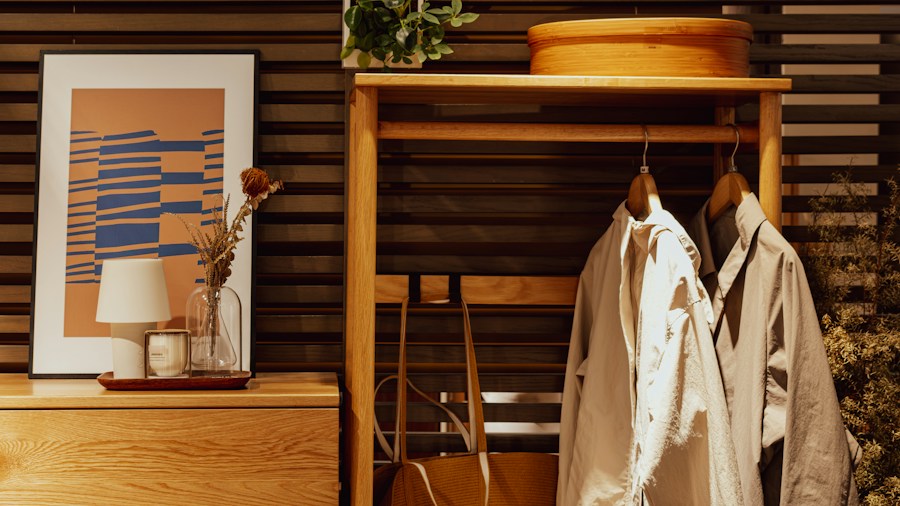 bohemian styled entryway with storage