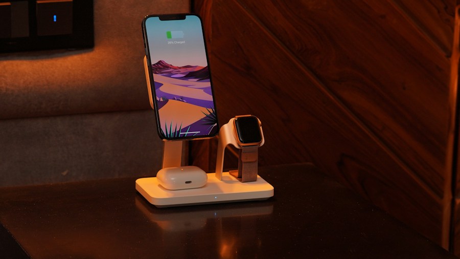 burgundy desktop charger station close-up