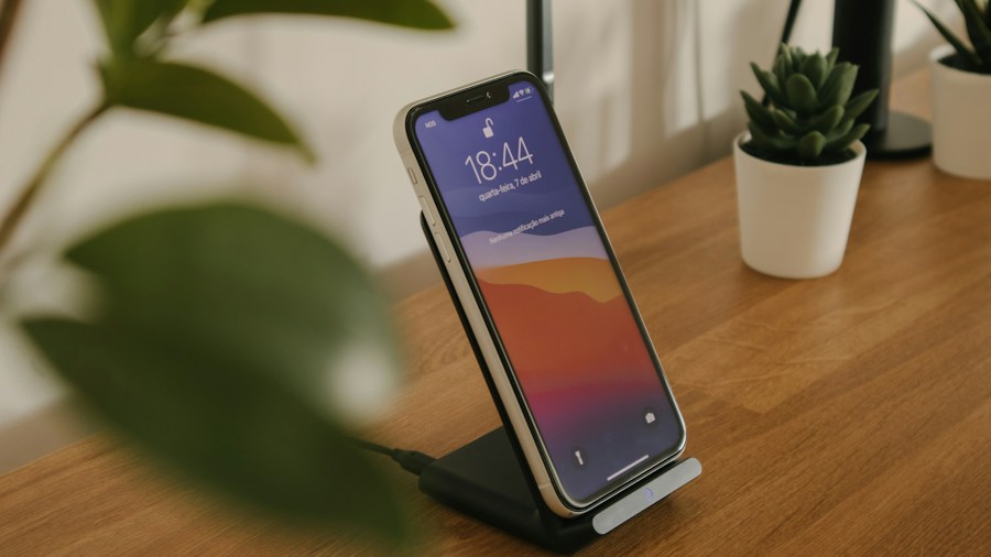 charging dock with smartphone tilted upright