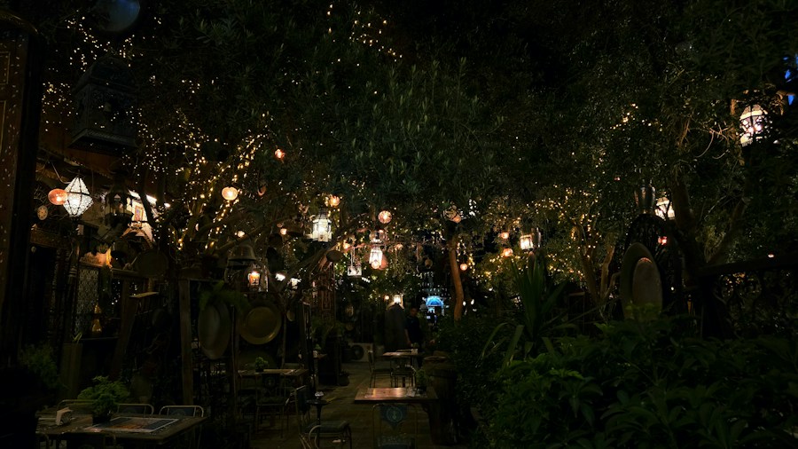 decorated patio with illuminated lanterns