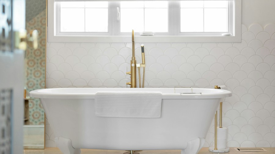 geometric pattern curtain rod bathroom