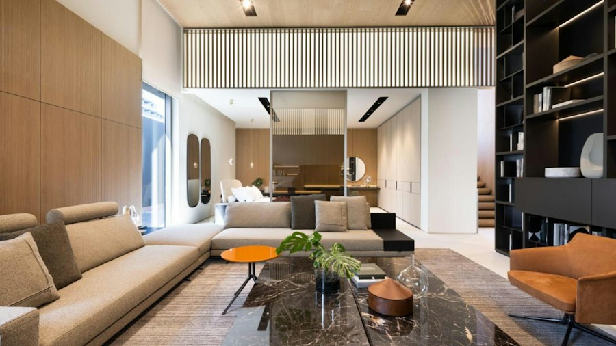 layered interior with warm finishes