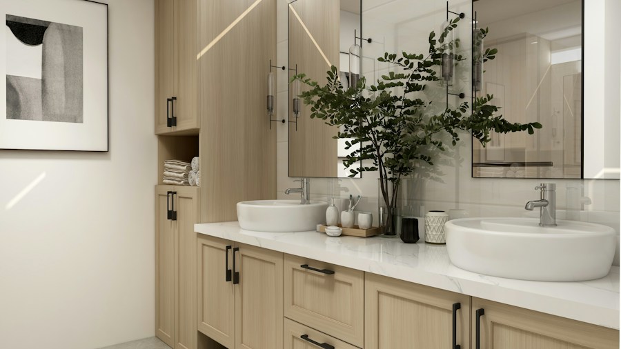 light wood bathroom vanity setup
