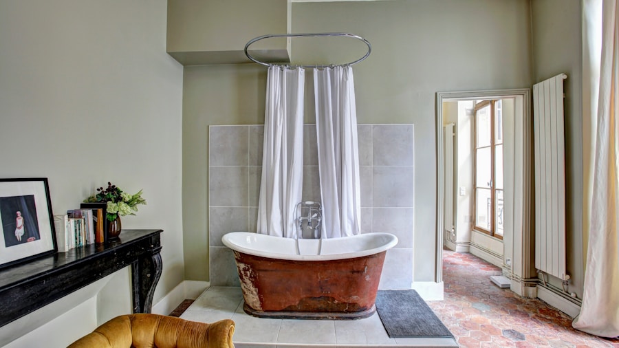 luxury bathroom with fabric drapery