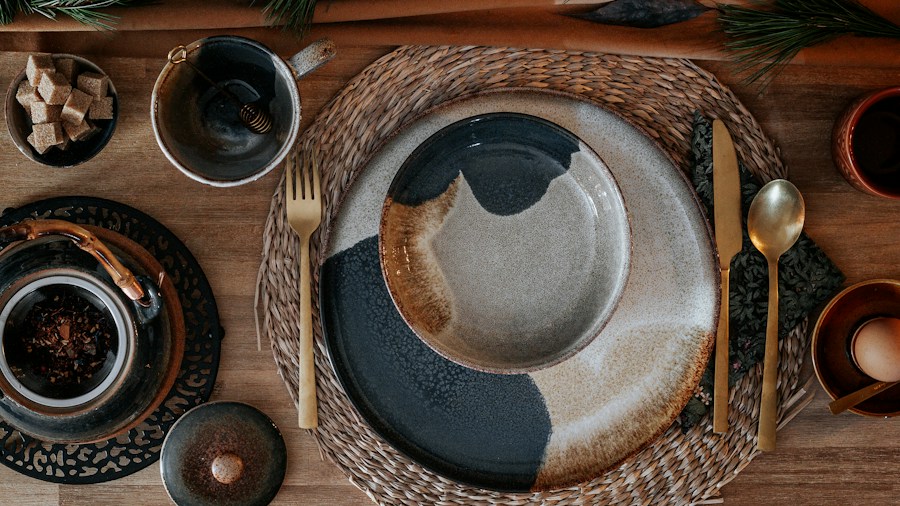 marbled ceramic dinnerware place setting