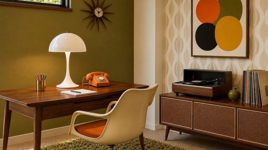 mid-century modern chairs arranged in conversation circle