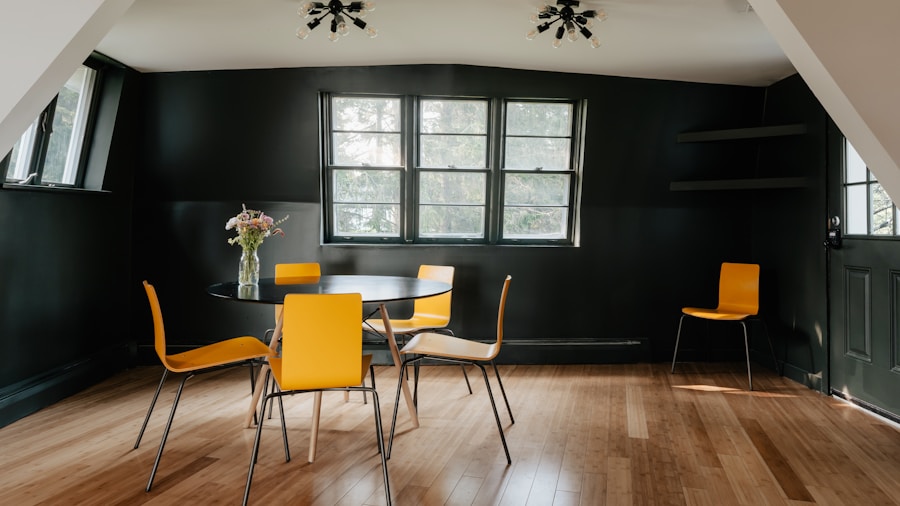 midcentury modern dining room mustard walls