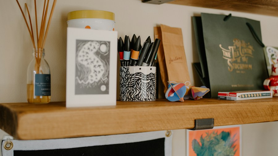 minimalist home workspace with art supplies
