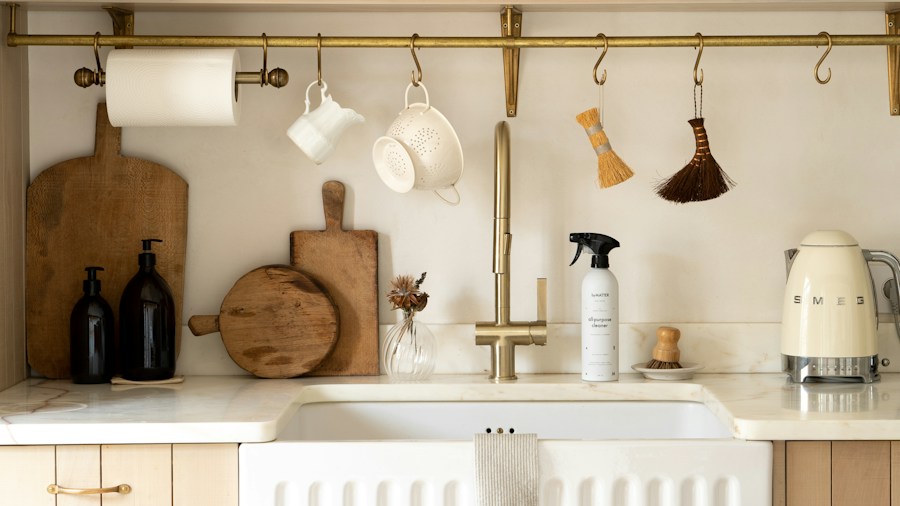 minimalist kitchen shelving with dishware display