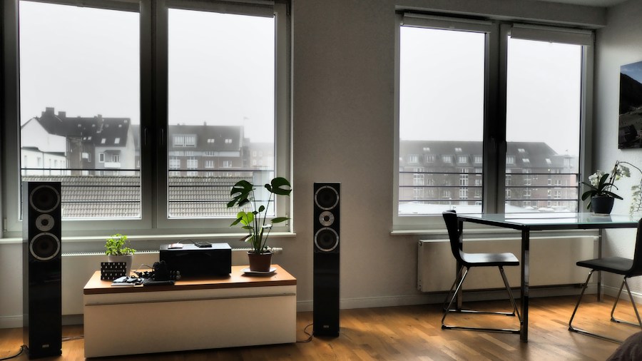 modern living room with statement speakers