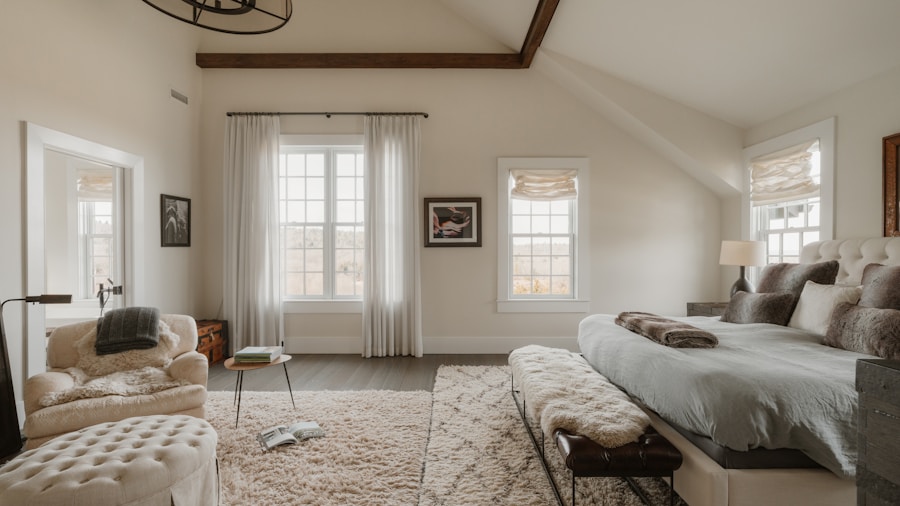 neutral bedroom with woven ottoman