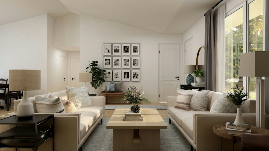 neutral cream living room with low coffee table