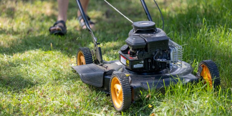 person dethatching lawn with cordless machine