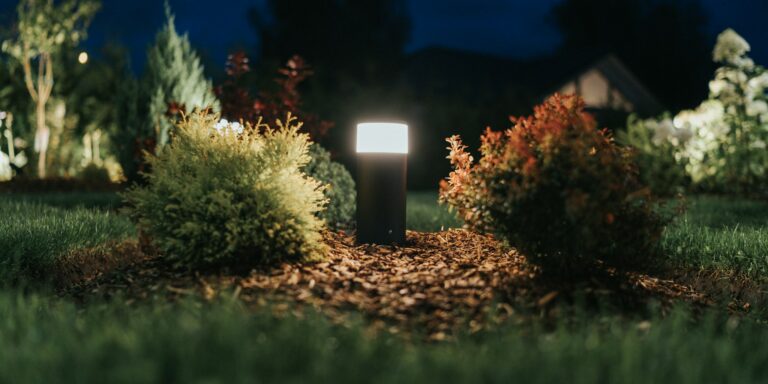 solar garden lights at dusk