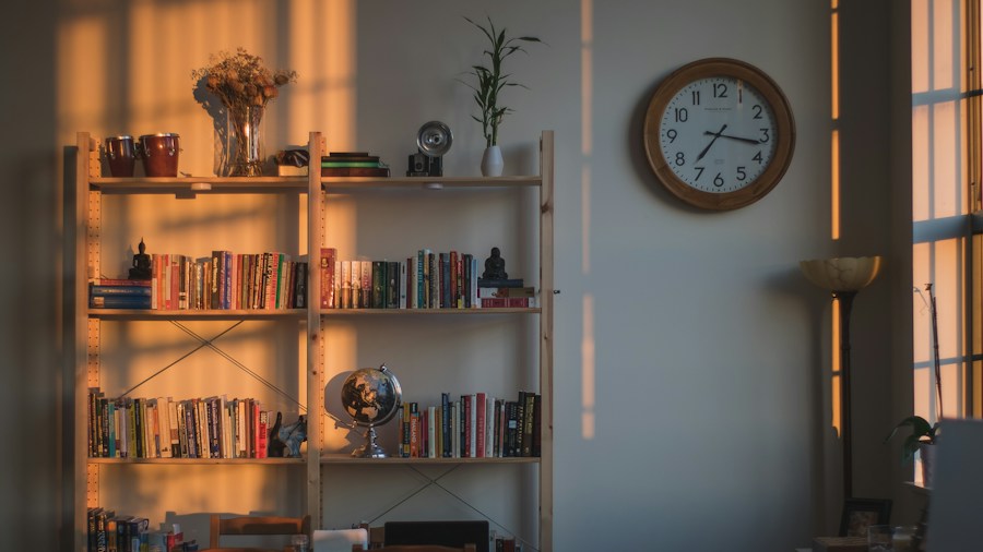 warm lighting wooden shelves books