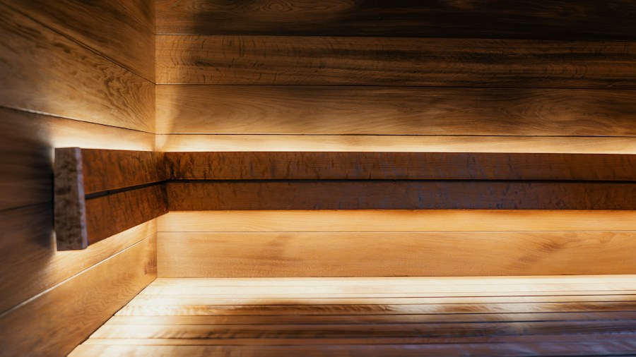 wooden shelving with ambient lighting